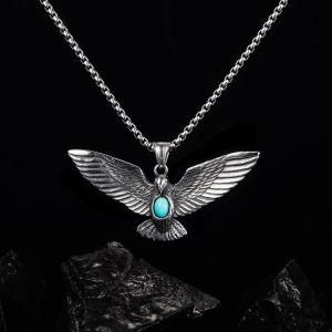Stainless Steel Inlaid Blue Turquoise Eagle Pendant Necklace