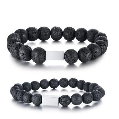 8mm/10mm Volcanic Stone Bracelet + Stainless Steel Square Accessories Fashion Man Bracelet