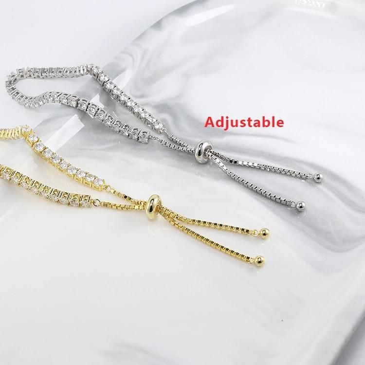 Bling Cubic Zirconia Adjustable Box Chain White Gold Plated Jewelry CZ 925 Sterling Silver 925 3mm Women Tennis Bracelet