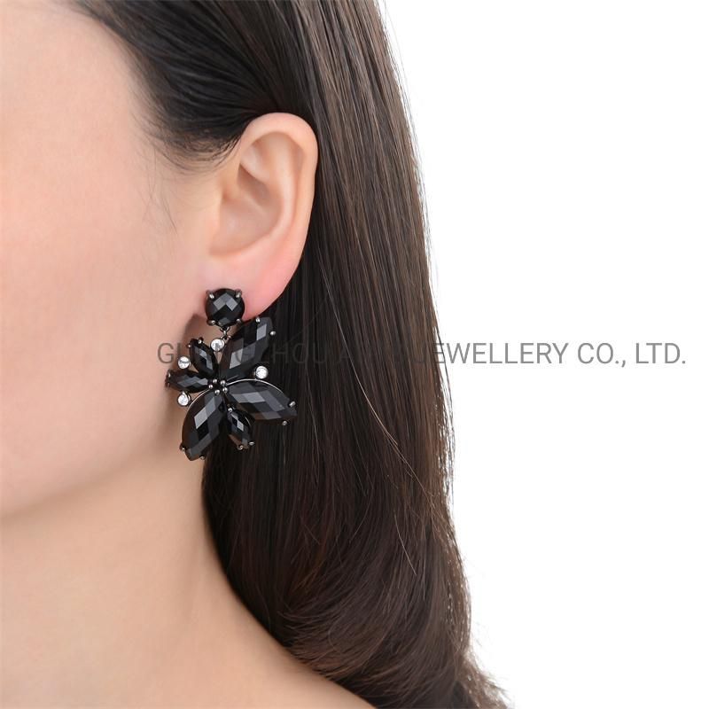 New Developed 925 Silver Black Ms Flower & Leave Dangle Earrings