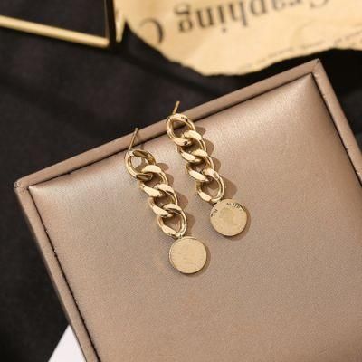 Gold Plated Cuban Link Chain Round Pendant Earring Stainless Steel Elizabeth Portrait Coin Tassel Dangle Drop Stud Earrings