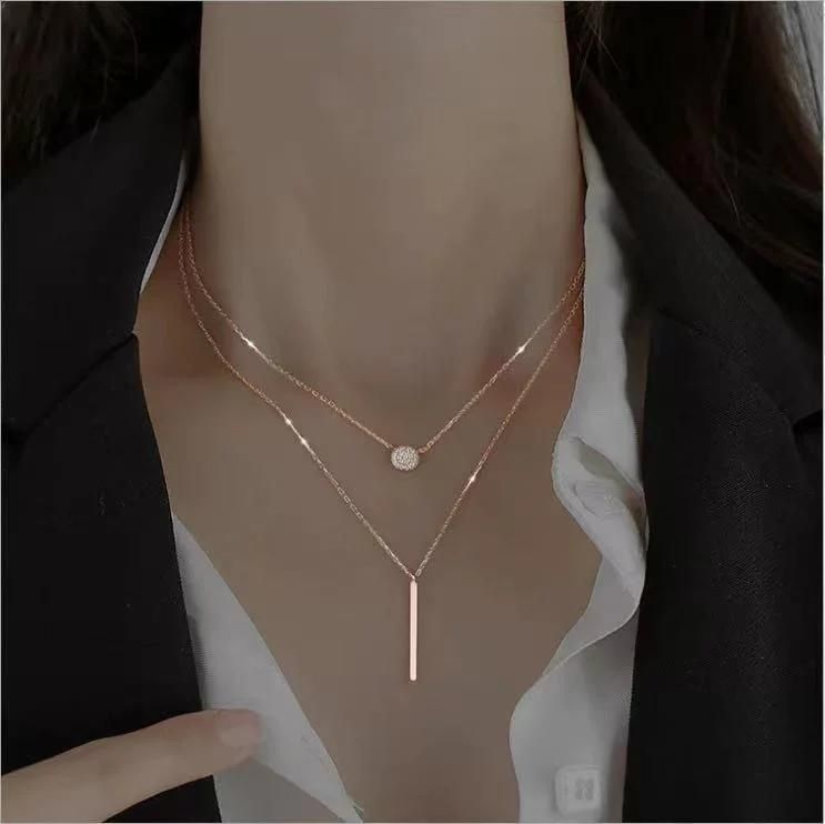 Long Strip Flashing Diamond Round Double Necklace Ladies Clavicle Chain Exquisite Jewelry