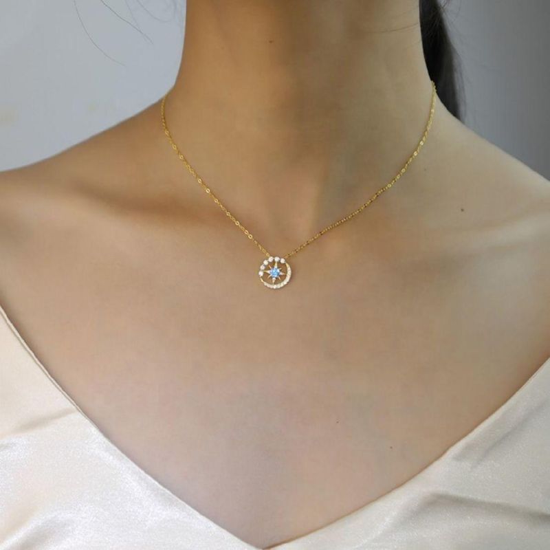 925 Silver Jewelry Blue Zircon Geometric Circle Pendant Clavicle Chain Necklace Women 14K/18K Gold Plated Jewelry