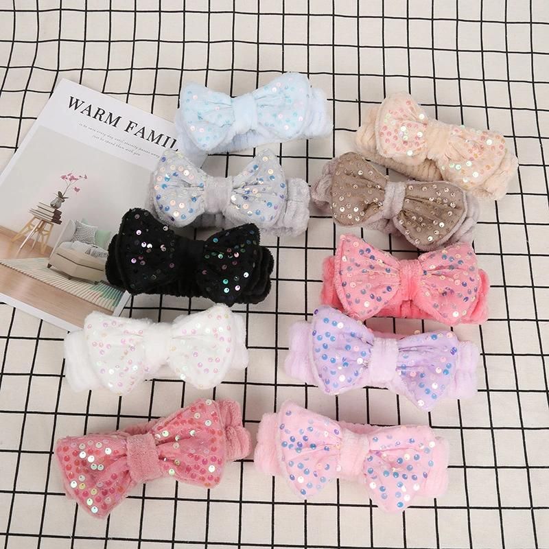 Wholesale Custom Logo Makeup Headbands Fashion Women Soft Wash Face Make up Hair Band SPA Bowknot Sequin Headband for Ladies
