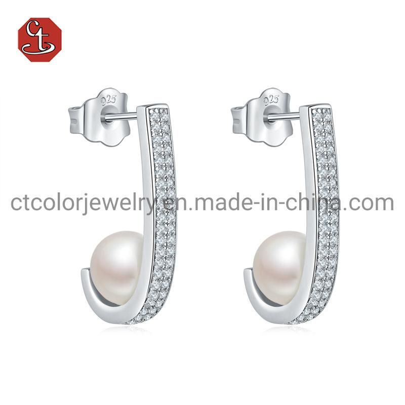 Fashion Jewelry 925 Sterling Silver Jewelry Design Jewelry Freshwater Pearl Pave Crystal CZ Earring for Women