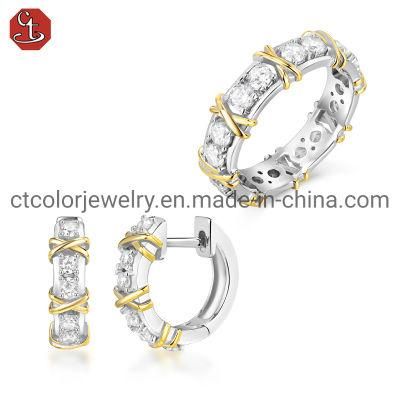 925 Sterling Silver 18K Gold Plated Cubic Zirconia Hoops Earring Ring Fashion Jewelry Set