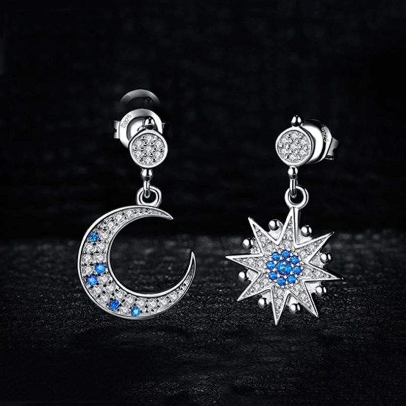 Wholesale 925 Sterling Silver Jewelry Blue CZ Moon and Star Earrings Jewelry for Girls