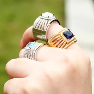 Fashion Jewelry Band Ring for Man &amp; Girl Gold Plated with CZ &amp; Glass Stone in Brass Copper