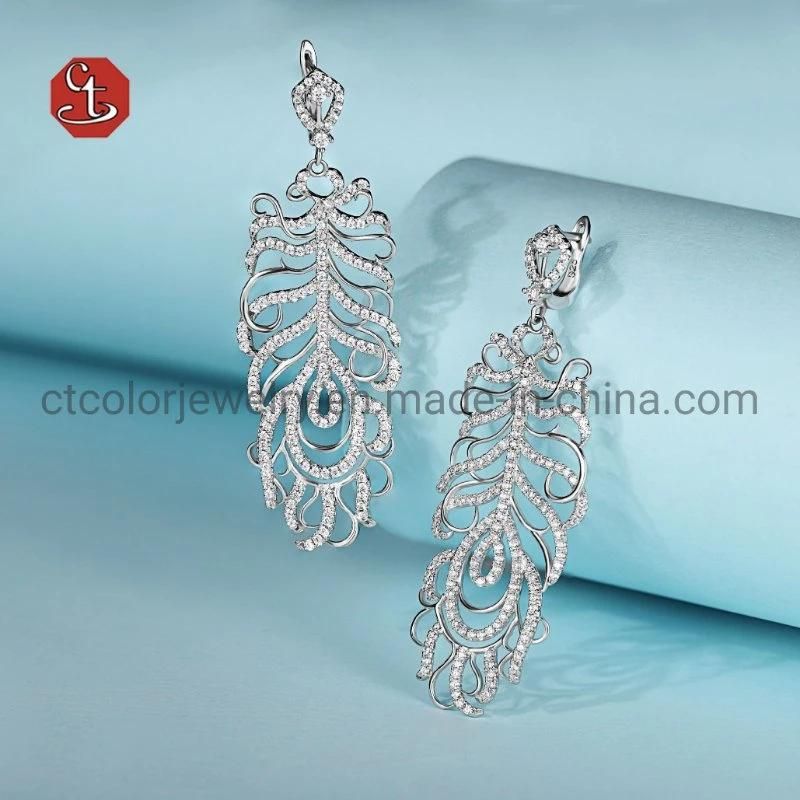 Fashion wedding Jewelry 925 Silver Feather Leaf Hook Earrings