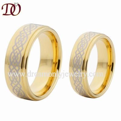 Gold Tungsten Ring with Laser Engraved and Stepped Edges Finish