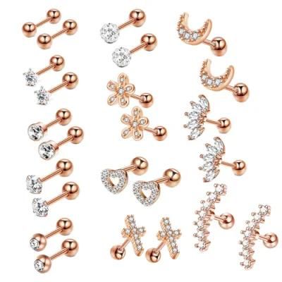 Stainless Steel Earrings Sets Silver Gold Rose Gold Plated with White Clear Cubic Zirconia for Women Men