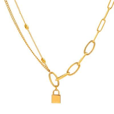 Fashion Jewelry Costume Jewellery Accessories Gold Plated Stainless Steel Necklace with Lock Pendant