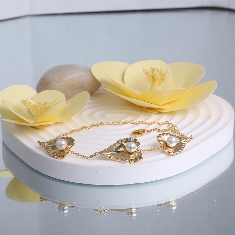 Fashion Jewelry Fashion Accessories Gold Plated Leaf Shape Pearl Ball Hip Hop Jewellery CZ Moissanite Bracelet