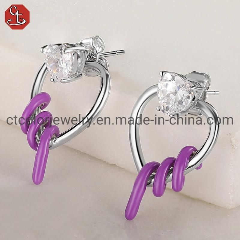 Fashion Jewelry 925 Sterling Silver CZ Color Enamel Heart Shaped Earring for Women