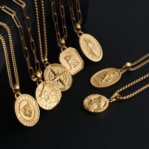 Custom 18K Gold Plated Lion Skull North Star Compass Jesus Cross Buddha Pendant Men Stainless Steel Necklace