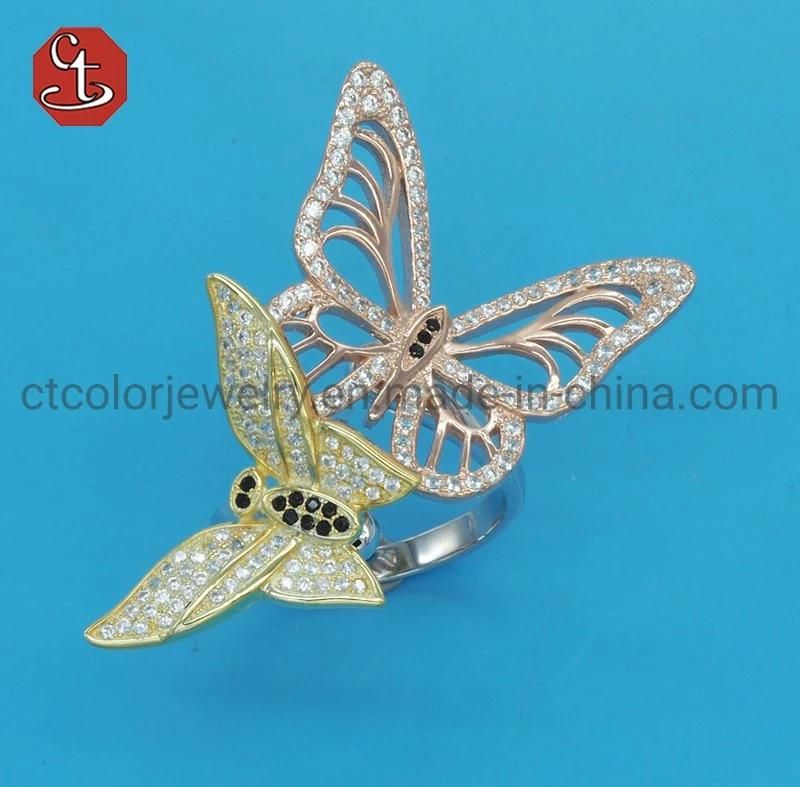 Fashion Jewelry Design 18K Gold Silver Cubic Zirconia Butterfly Rings Adjustable Crystal Butterfly Rings for Women Girls
