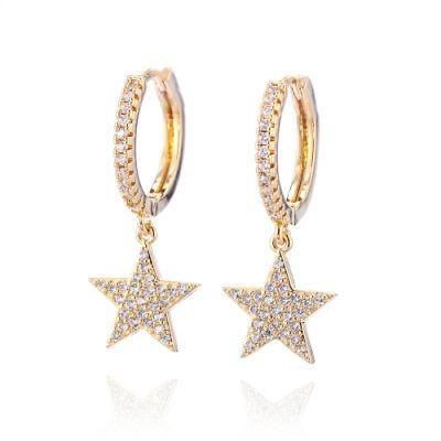 18K Gold Plated Star Hoop Drop Zircon CZ Earrings for Women