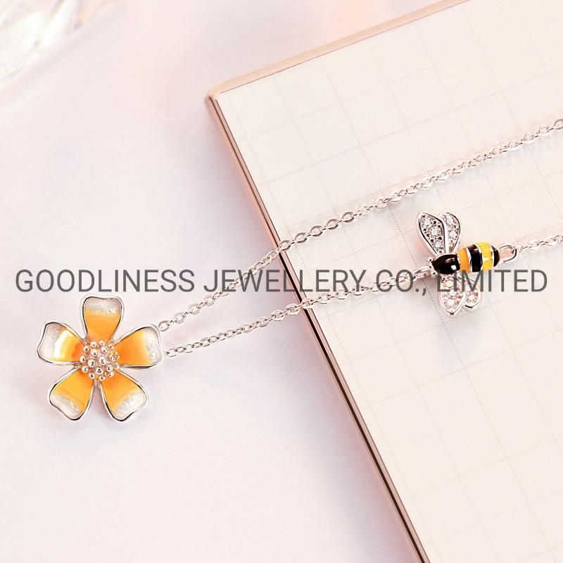 925 Silver Fine Women Jewelry Enemel Bee&Flower Pendant Necklace