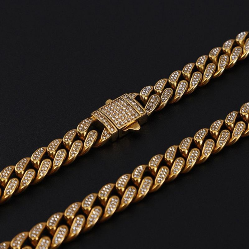 New Popular Stainless Steel Full Diamond Cuban Chain Bracelet Necklace Men′s Fashion Trend Student Accessories Bl2221