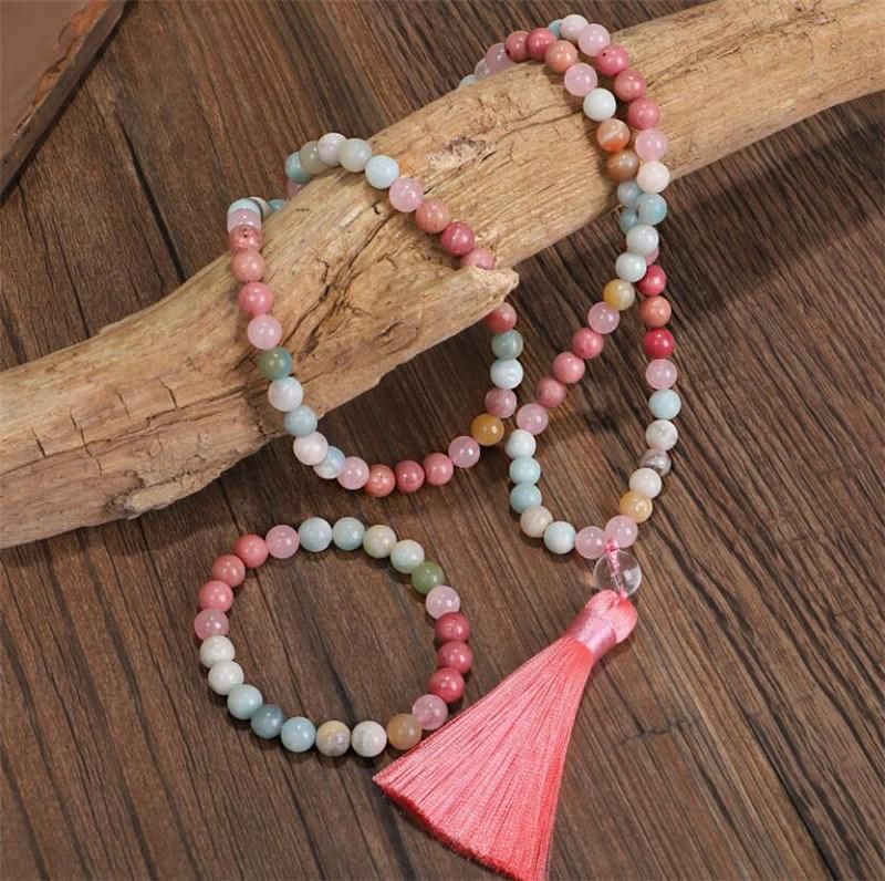 Natural 8mm Rhodochrosite Amazonite Beads Necklace Peaceful Heart 108 Bead Mala Jewelry Buddha Prayer Bracelet Necklace