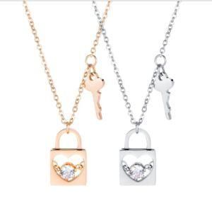 Wholesale Fashion Women No Rust 3A Zircon Lock Key Pendant Stainless Steel Necklace Jewelry
