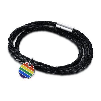 Stainless Steel PU Leather Three-Ring Bracelet Rainbow Titanium Steel Bracelet for Men and Women