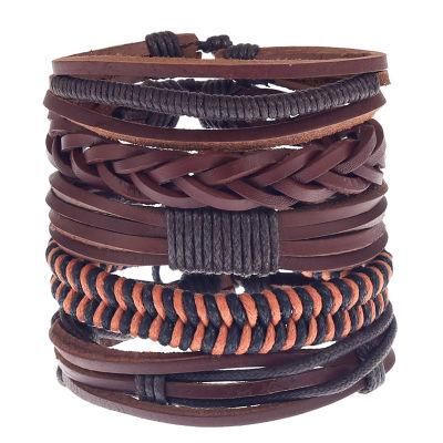 Men&prime;s Leather Braided Bracelets Wrap Wood Beads Bracelet Woven Ethnic Tribal Rope Wristbands Bracelets Set Adjustable