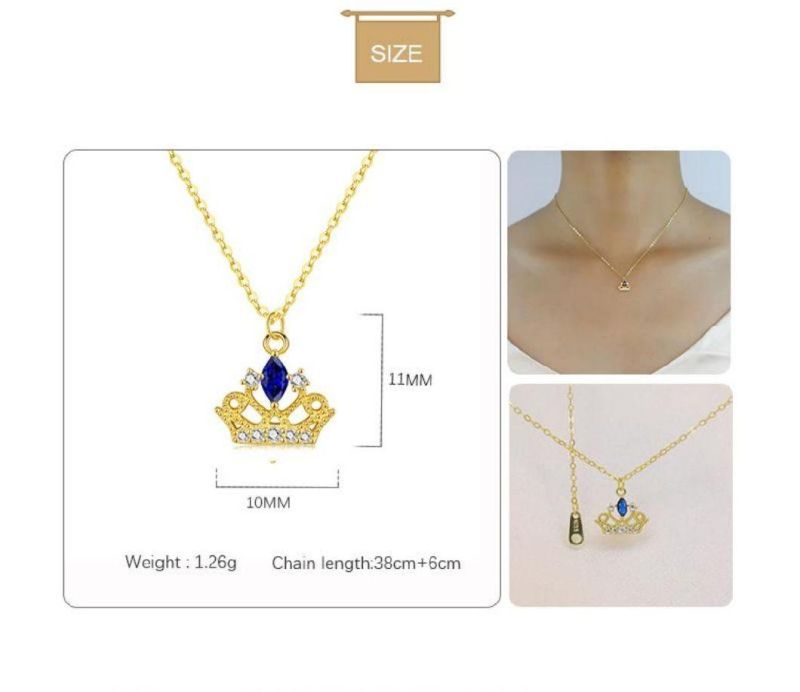 925 Sterling Silver 14K Gold Plated Crown Color Crystal Pendant Clavicle Chain Necklace Women Party Fashion Jewelry