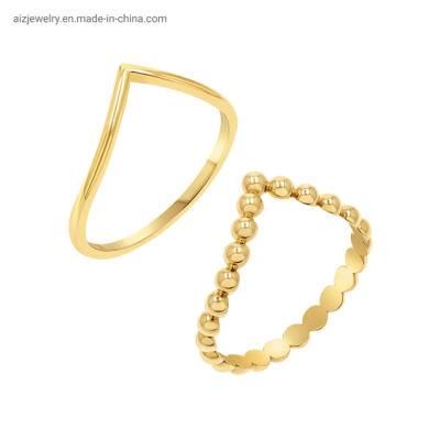 Destiny V Plain Shape Simple 18K Pure Solid Gold Beaded Wishbone Stacking Finger Ring for Women Girls Customization Jewelry
