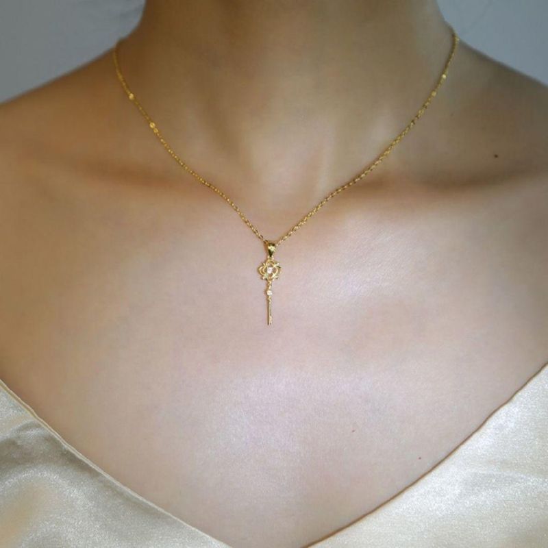 925 Sterling Silver Zircon Vintage Key Pendant 14K Gold Plated Necklace Women Fashion Jewelry