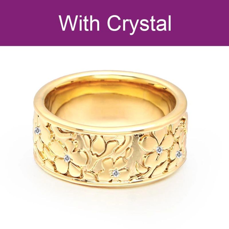 Latest Width Sand Stone Texture Gold Plated Finger Rings Women with Crystal