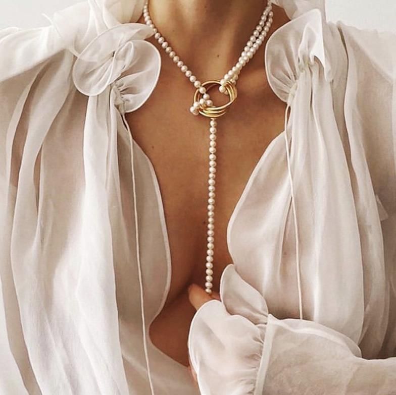 Geometric Metal Pearl Necklace Personality Fashion Sweater Chain