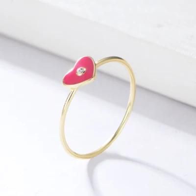 New Design Women Luxury 925 Sterling Silver Gold Plated Zirconia Heart Enamel Ring