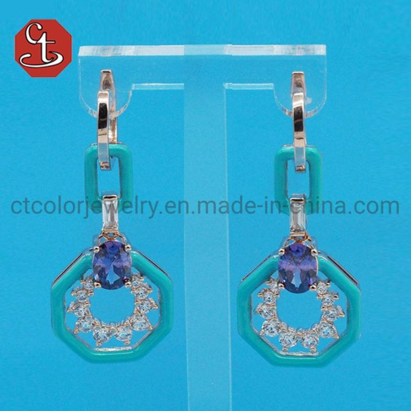 Fashion Sterling 925 Silver Jewelry Gift Turquoise Black Color Enamel Amethyst Sapphire Colorful Glass CZ Cubic Zirconian Earring