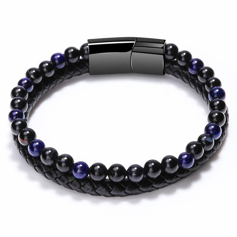 Men Stainless Steel Clasp Punk Leather Braided Beads Bracelet Jewellery