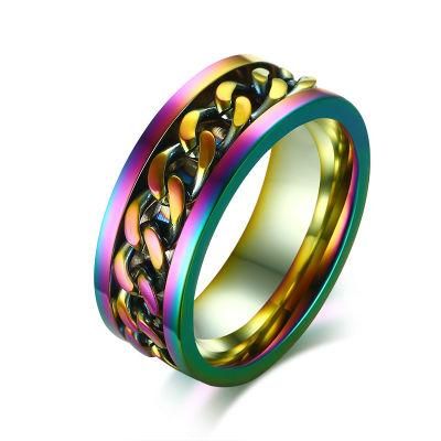 High Polish Multi-Color Stainless Steel Wedding Finger Chain Ring in Steel