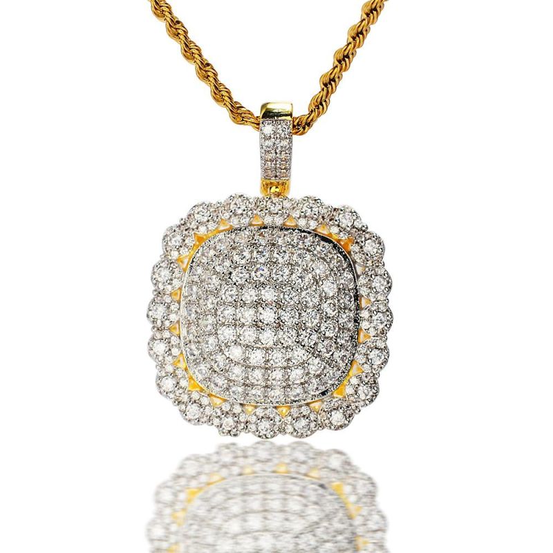 Men Fashion Two Tone Square Flower Iced out Crystal Pendant