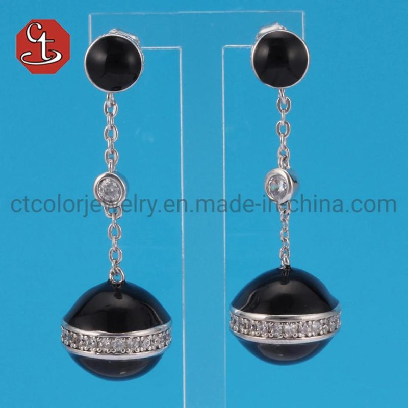 White Black Color Enamel Silver or Brass Jewelry White CZ Double Ball Earrings Fashion Dangle Jewelry
