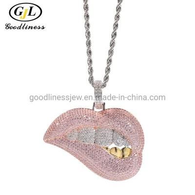 Hip-Hop Jewelry Pink Lips with Gold Teeth Pendant Necklace