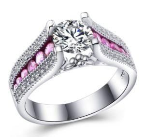 Mdean Pink Stone White Gold Plated Wedding Rings for Women AAA Zircon Engagement Rings Jewelry