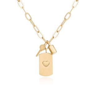 Fashion Paper Clip Chain Stainless Steel Key and Lock Heart Charm Pendant Necklace Jewelry
