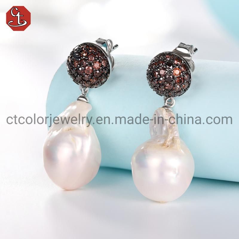 Fashion Jewelry Coffee cz Baroque Pearl 925 Sterling Silver Stud Earring