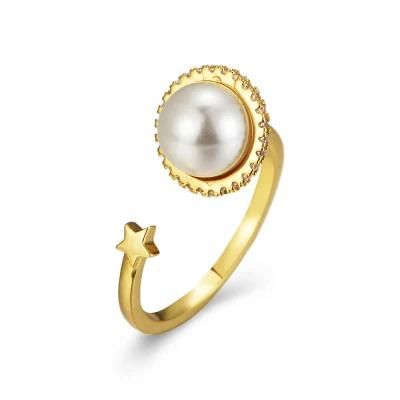 Fashion Designer Jewelry Hip Hop Brass 18K Real Gold Plated Star Artificial Pearl Adjustable Open Ring
