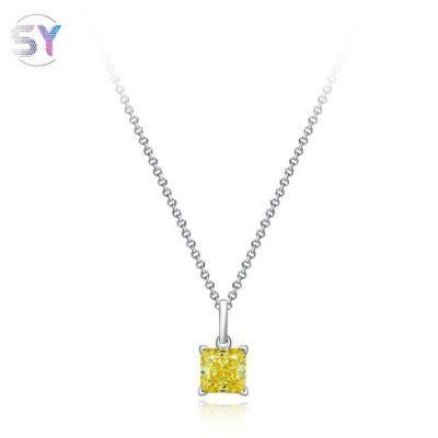 Wholesales Jewelry 925 Sterling Silver 6mm*6mm Cushion Citrine High Carbon Diamond Pendant Necklace