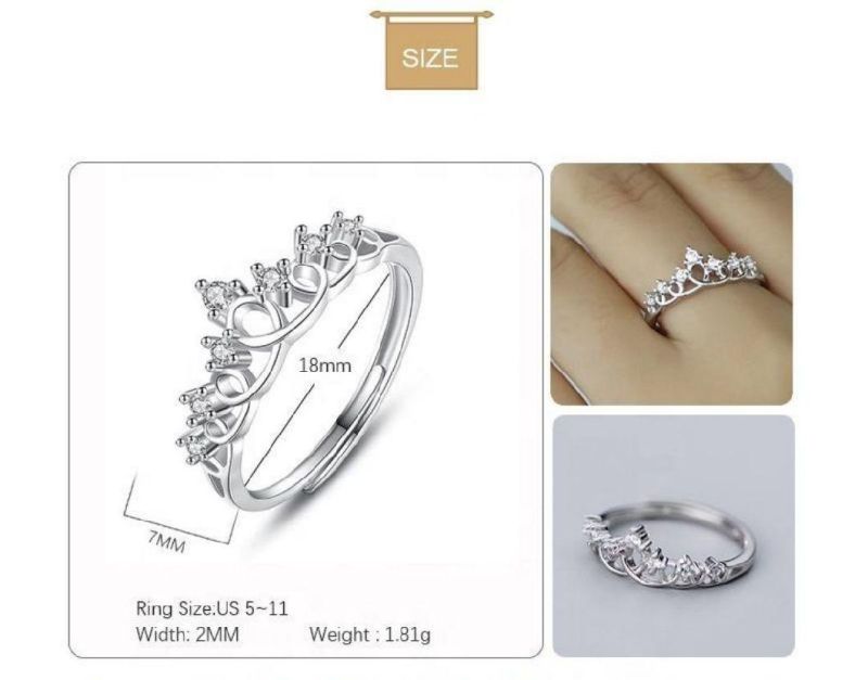 925 Sterling Silver CZ Crown Adjustable Ring Women Temperament Wedding Fashion Jewelry