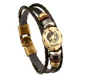 Bronze Alloy Buckles 12 Constellations Bracelet Punk Leather Zodiac Bracelet Wooden Bead Black Gallstone Unisex Charm jewelry