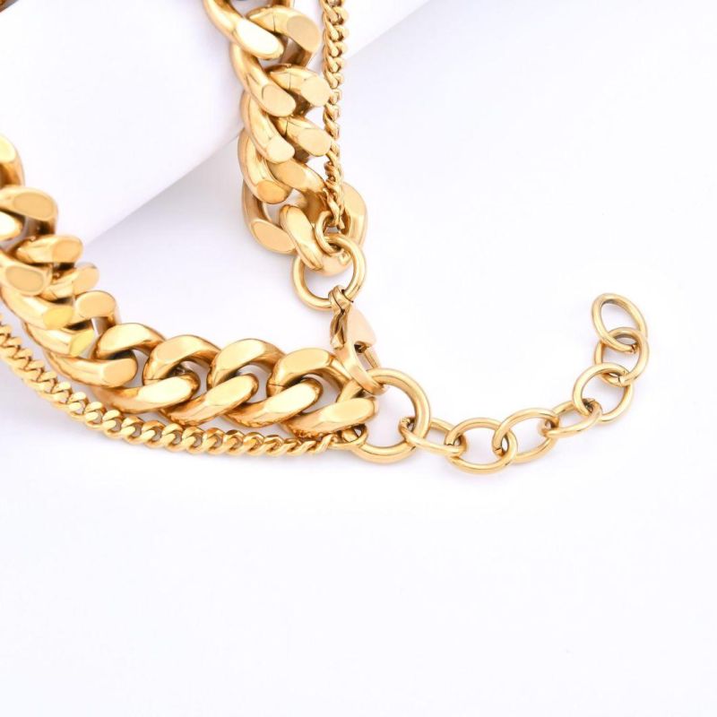 Stainless Steel Layered Necklace Cuban Chain Jewelry Fashion Gold Plated Necklaces for Men and Lady