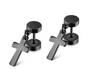 Black Barbell Dumbbell Cross Earrings Stud for Men Women Stainless Steel Double Sided Earring Piercing Jewelry