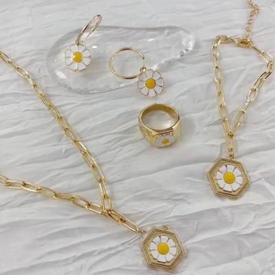 Simple Metal Drip Glaze Daisy Flower Earrings and Necklaces Jewelry Set