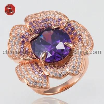 Luxury Gemstone Jewellery Rose Gold Flower Silver Ring Amethyst/Ruby Ring